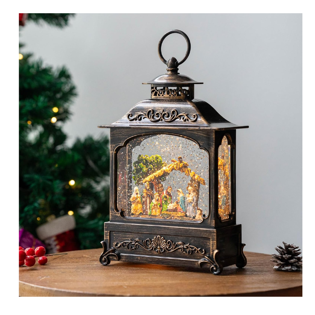 12'' Musical Nativity Lighted Christmas Snow Globe Lantern 6H Timer Wa