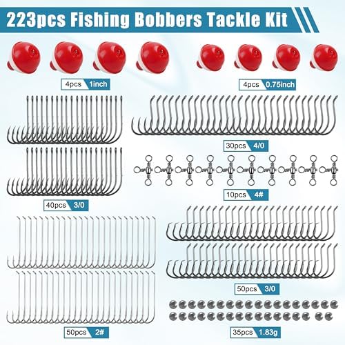 223pcs Fishing Tackle Kit with Hooks Bobbers Sinkers Swivels, Beginners…