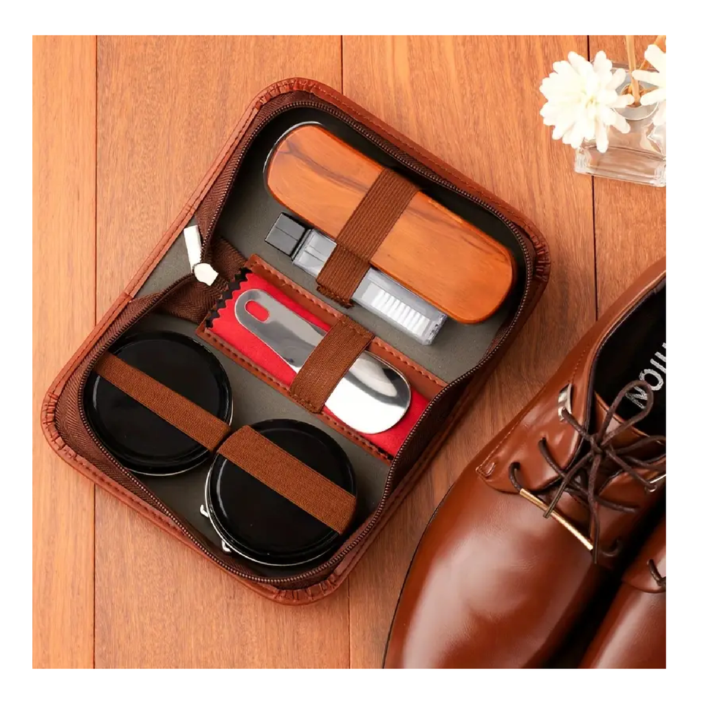 Deluxe Business Leather Shoe Shine Kit | Premium Shoe Polishing Kit Gift  Box. 2 Shoe Polish Applicator Brush, 100% Horsehair Brush, Black & Neutral