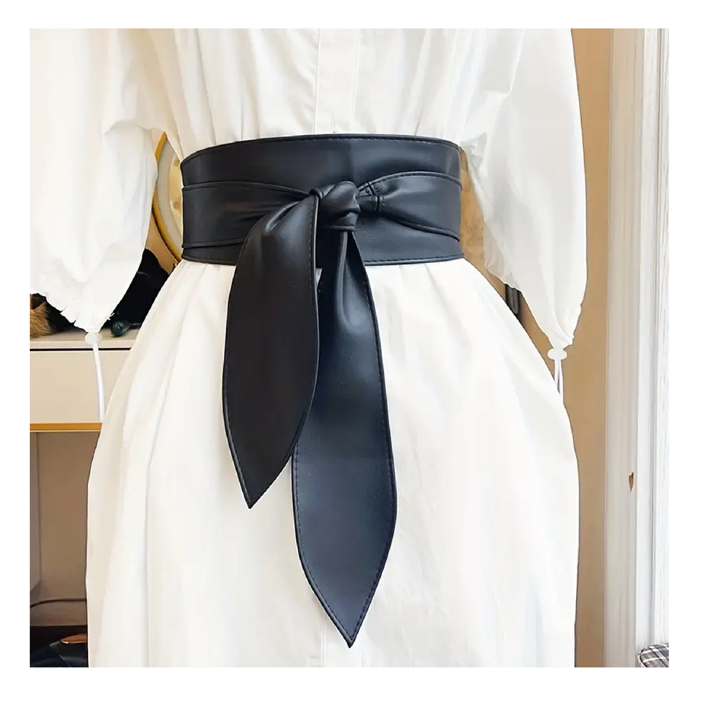 Black Bowknot Obi Belt Lace Up Tied Knot Corset PU Wide Belts Cinch Wa Black Bowknot Obi Belt Lace Up Tied Knot Corset PU Wide Belts Cinch Wa