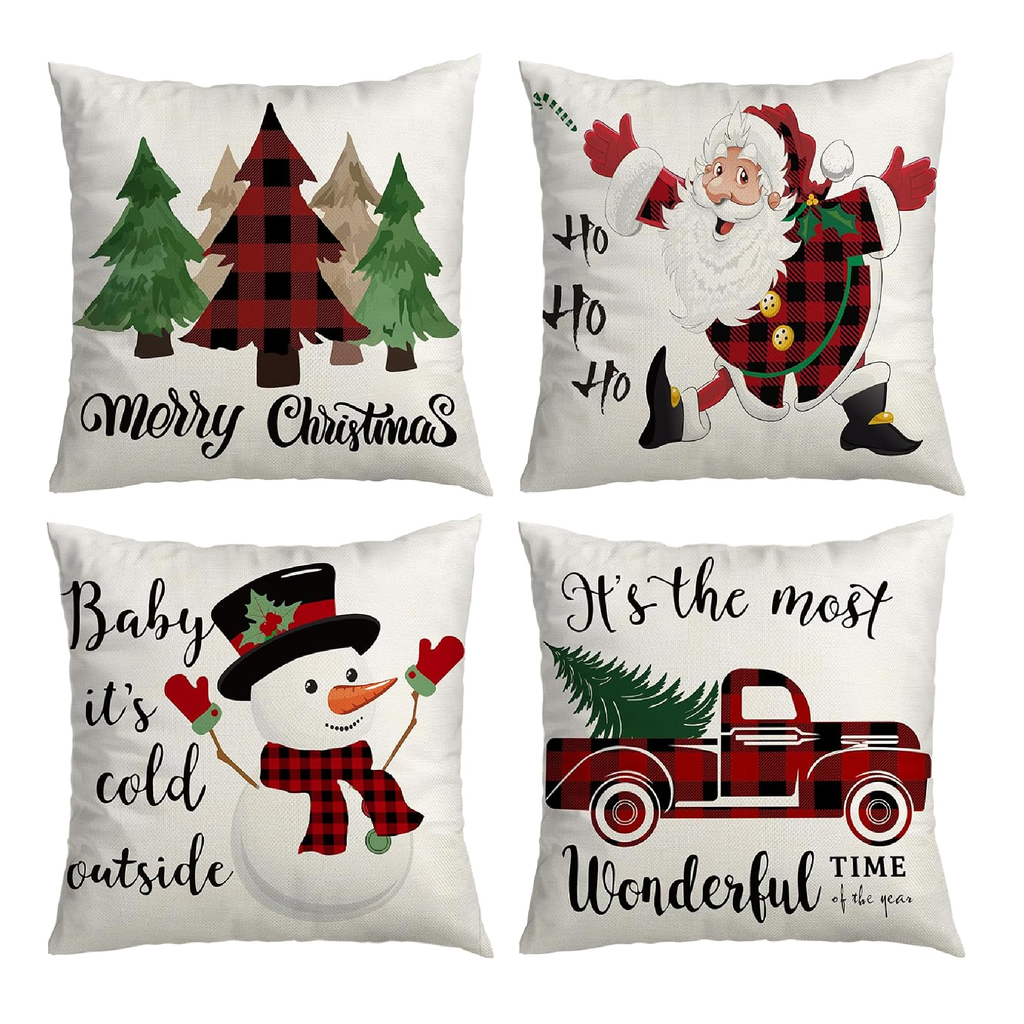 Christmas Decorations Pillow Covers 18x18 Set of 4 Red Black