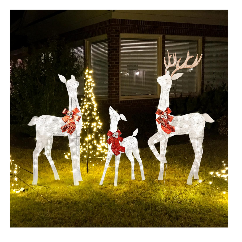 GENIMO 3-Piece Outdoor Reindeer Christmas Decorations Yard, Pre Lit De