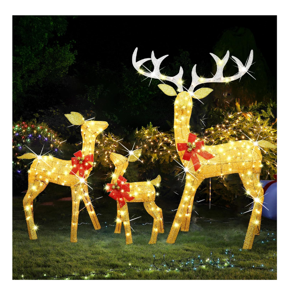 Lulu Home Set of 3 Pre-lit Golden Reindeer with 210 LEDs Warm White Li