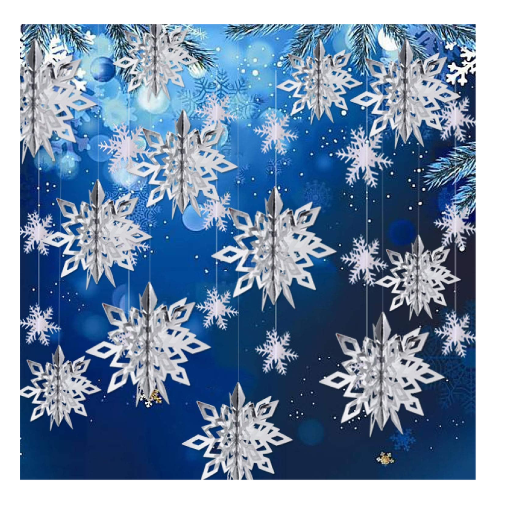Christmas Snowflake Hanging Decorations 12pcs Silver Paper Snowflakes Garlands for Christmas Winter Wonderland Holiday New Year Home Ornament, Size