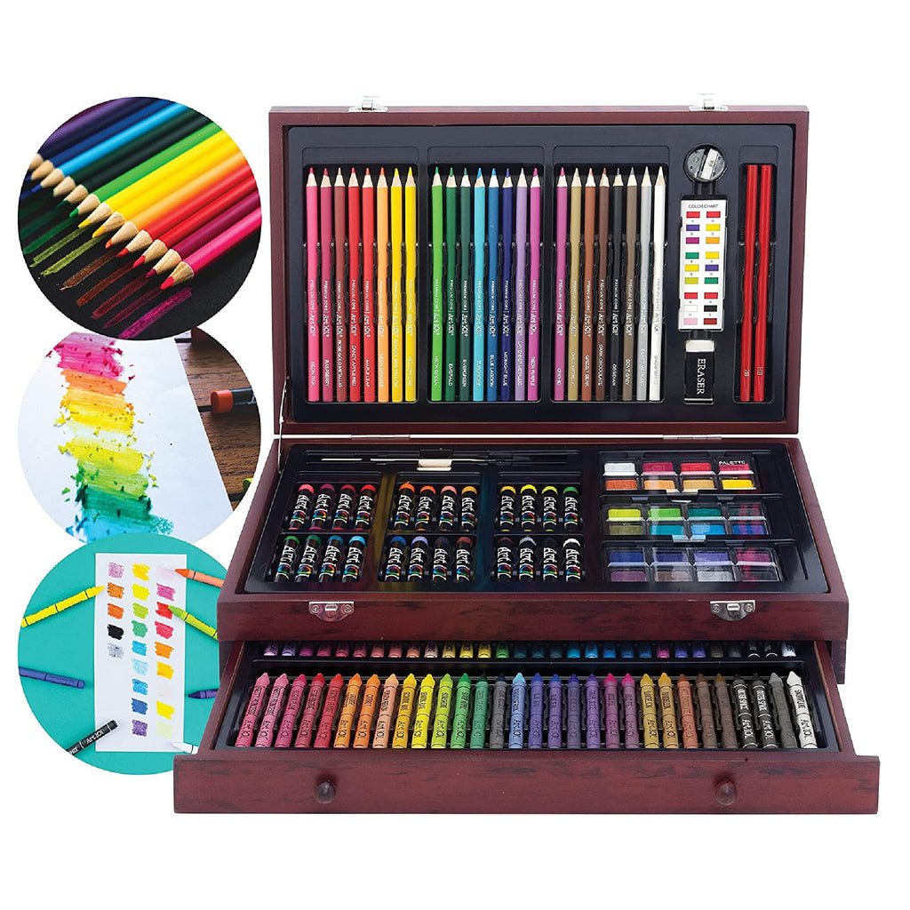 145 Piece Deluxe Art Set, Wooden Art Box & Drawing Kit Crayons, Oil  Pastels, Pencils, Watercolor, Sketch Paint Brush Color Chart cherry 