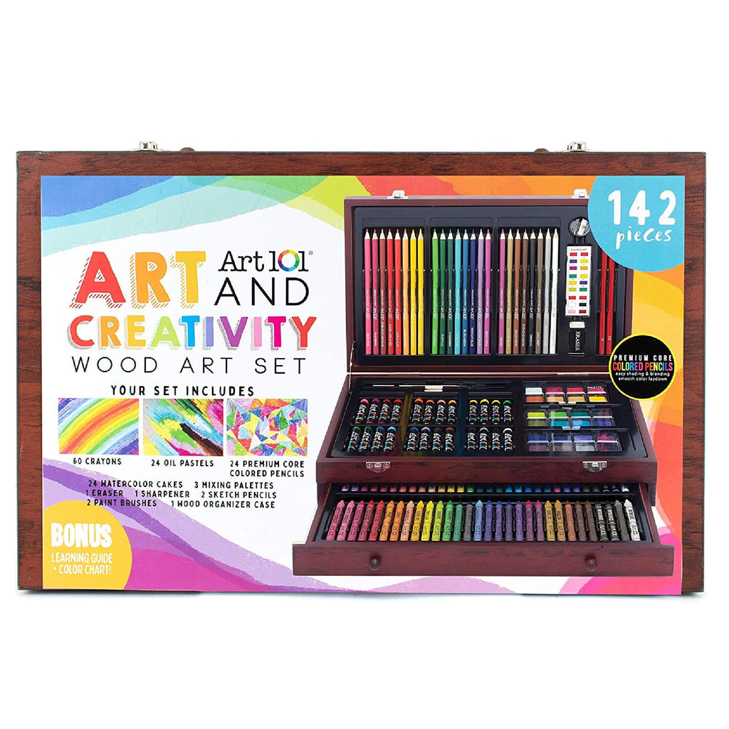  U.S. Art Supply 145-Piece Mega Wood Box Painting and Drawing  Set in Storage Case - 2 Sketch Pads, 24 Watercolor Paint Colors, Oil  Pastels, Colored Pencils, 60 Crayons, Brushes, Artist Kit