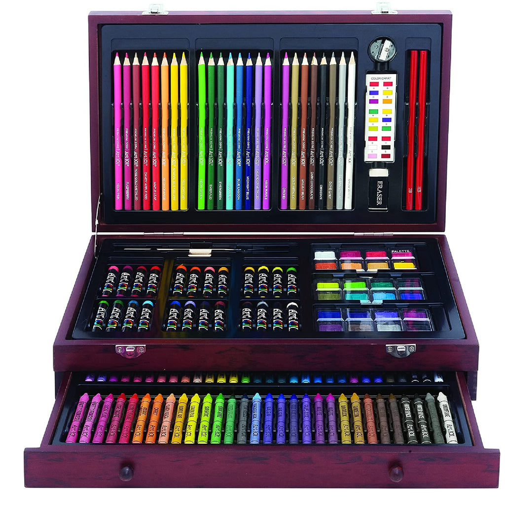 145 Piece Deluxe Art Set, Wooden Art Box & Drawing Kit Crayons, Oil  Pastels, Pencils, Watercolor, Sketch Paint Brush Color Chart cherry 