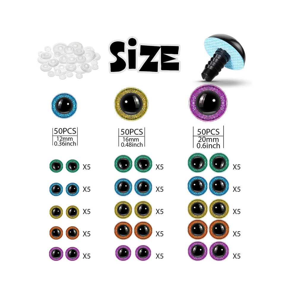 150 Pcs Glitter Large Safety Eyes for Amigurumi 12/16/20 mm