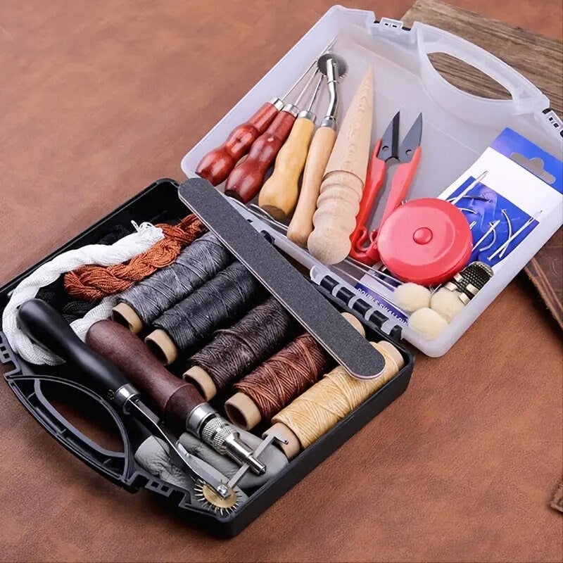 Leather Working Tools, Leather Sewing Kit, Leather Craft Tools with Storage  Bag, Groover, Stitch Wheel, Waxed Threads, Awl, Needles, Manual, Leather  Making Kit for DIY Sewing Craft Projects(Brown)