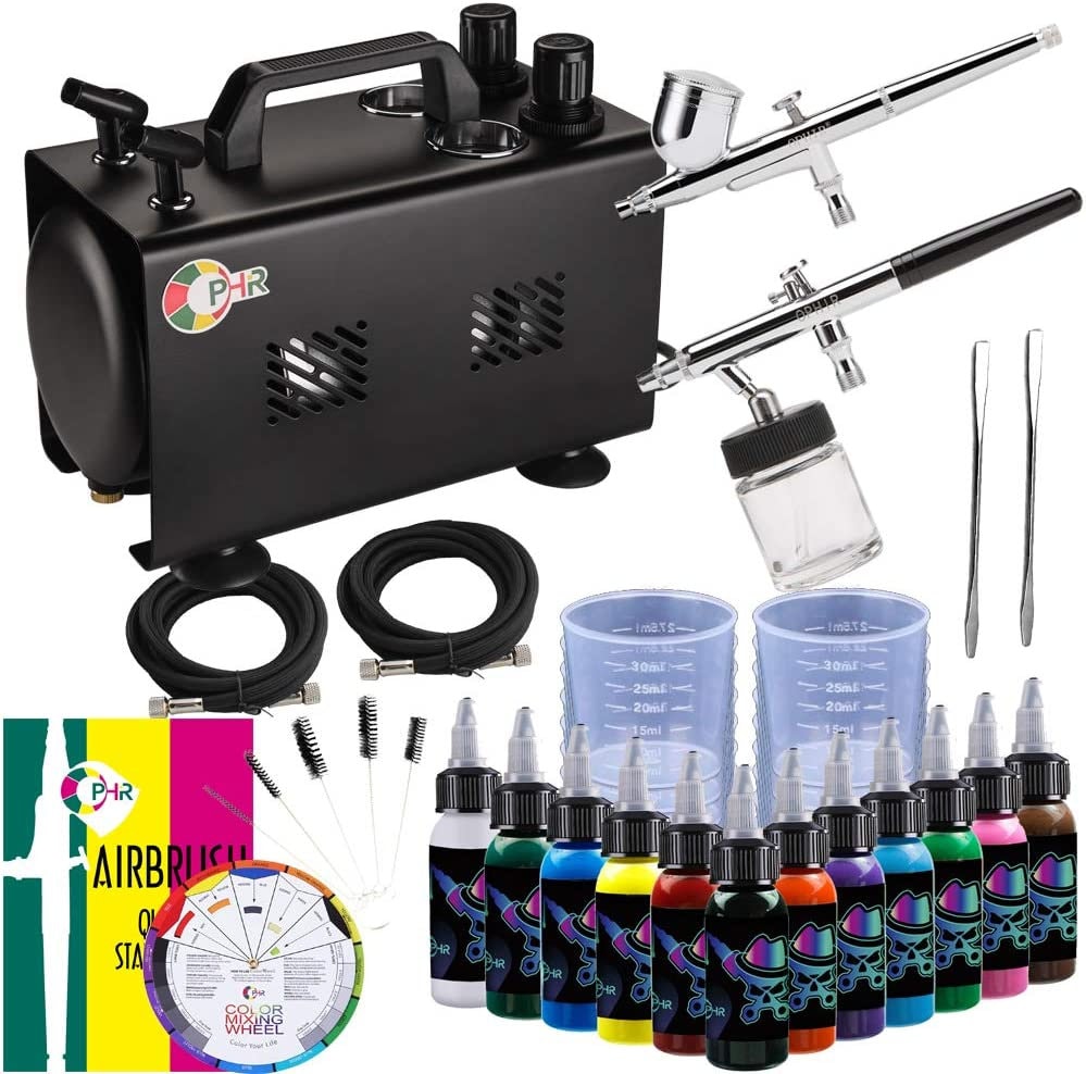 Ophir 0.3mm Nail Airbrush Kit With Air Compressor 12 Nail Inks 20x