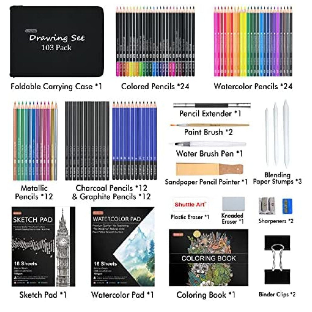 Shuttle Art Pencil Kit - 103 Drawing Pencils, Colored Pencils and Graphite  Pencils in Portable Case, Sketching Supplies for Kids, Adults and Artists