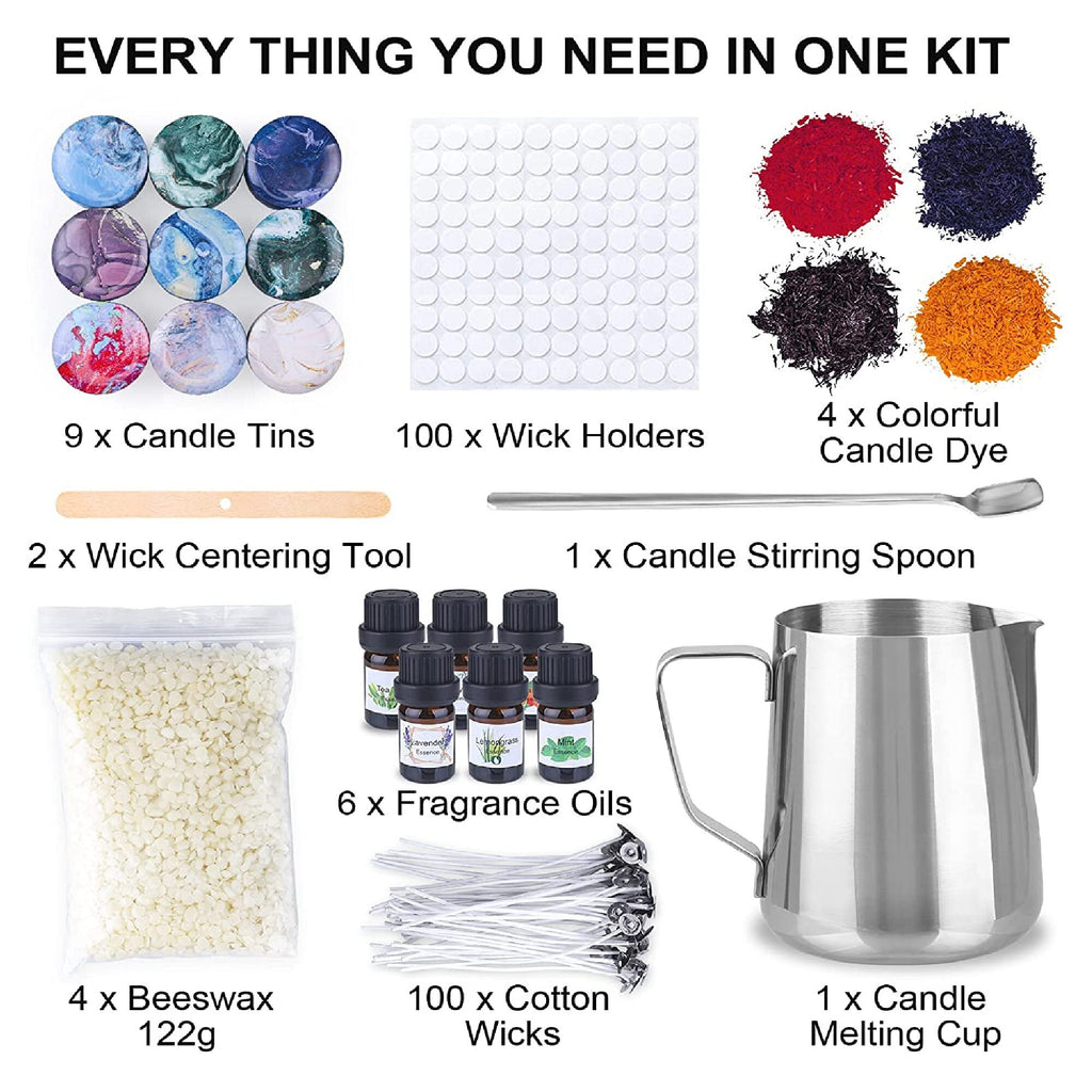  Candle Making Kit for Adults, Candles Making Supplies, Beginner Craft  Kits, Christmas Gifts for Women, DIY Starter Beewax Candles Making, 9  Tins,6 Essential Oils, Melting Pot, Wicks, Wax, Dyes