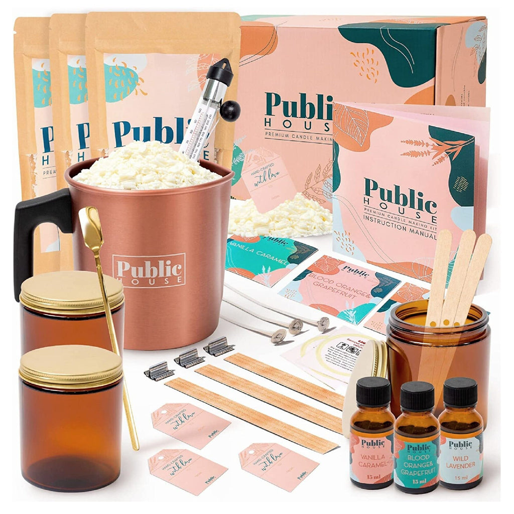 Public House Luxury Soy Wax Candle Making Kit for Adults. Makes 3 Large  Amber Glass Jar Candles with Premium Fragrance Oil, Crackling Wood & Cotton  Wicks. Full DIY Scented Maker Kits for