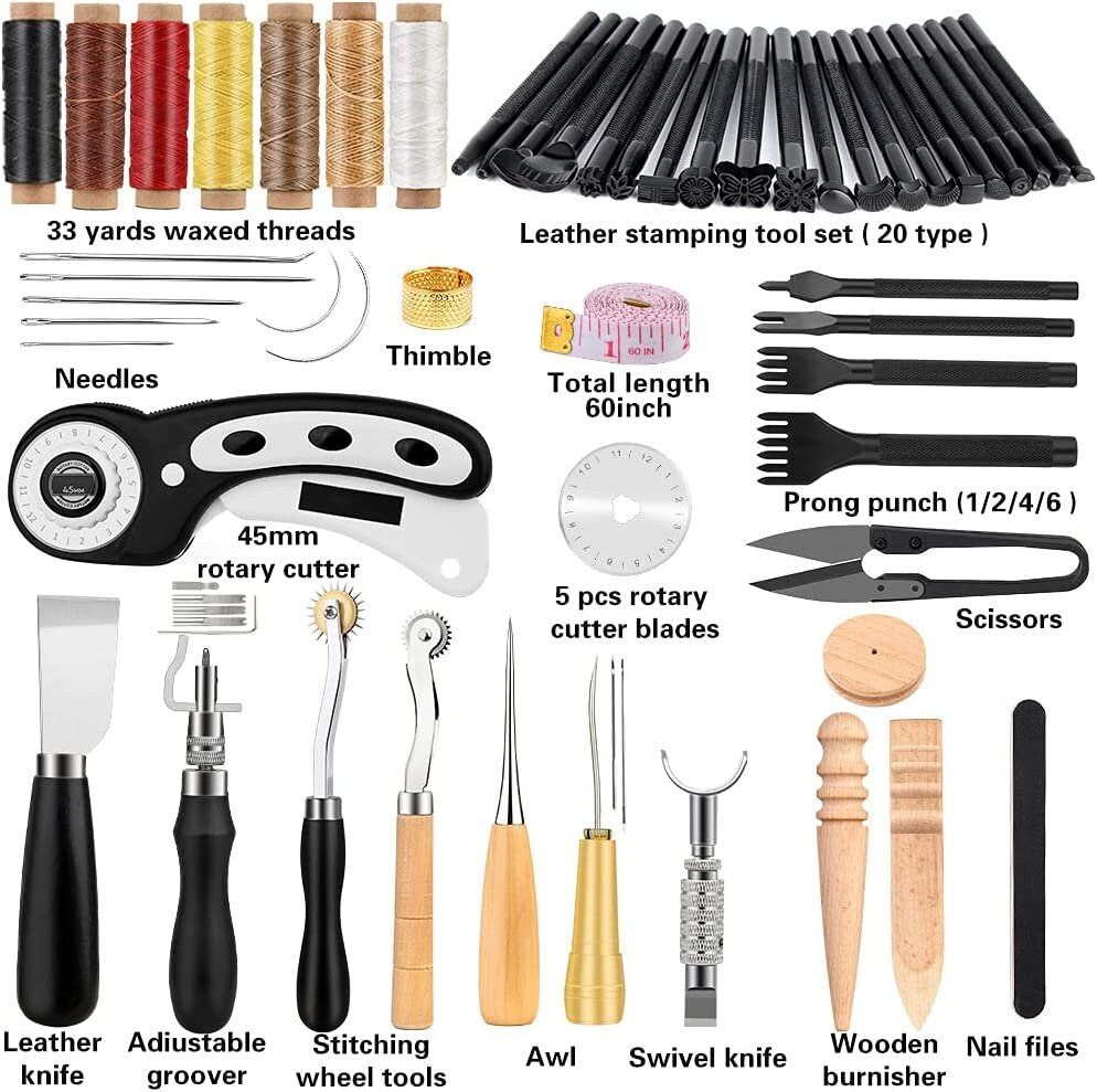 Jupean 60 Pcs Leather Working Tools Leather Sewing Kit Leather Craft Tools with Storage Bag Stamping Tools Stitching Groover Waxed Thread Prong Punch