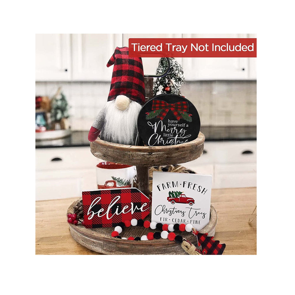 Christmas Decor - Christmas Decorations Indoor - Believe Merry Christmas  Wooden Signs & Buffalo Plaid Gnomes Plush Set - Farmhouse Rustic Tiered  Tray