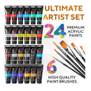 Premium 24 Color Premium Acrylic Paint Set | 1.28Oz (38ml)  | With 6 Nylon Brushes