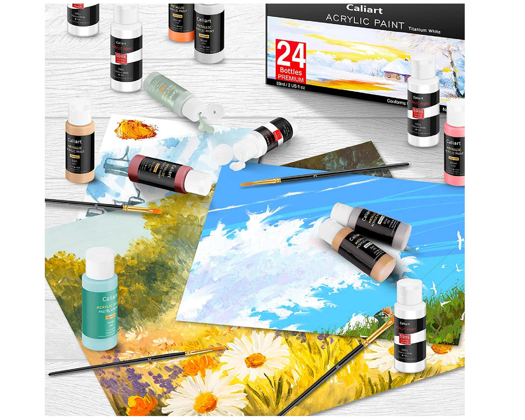 Caliart Acrylic Paint Set With 12 Brushes, 24 Colors (59Ml, 2Oz