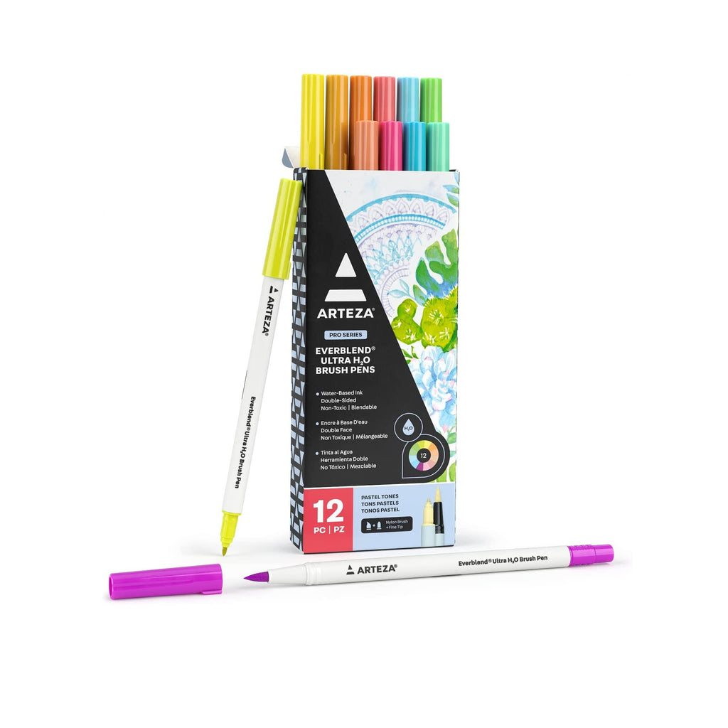 Watercolor Markers For Adult Coloring | 12 Pastel Colors | EverBlend H2O  Dual Tip Paint Pens with Brush & Fine Tip