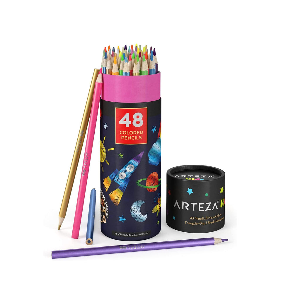 Kids Colored Pencils, Set of 48, Metallic and Neon Colors