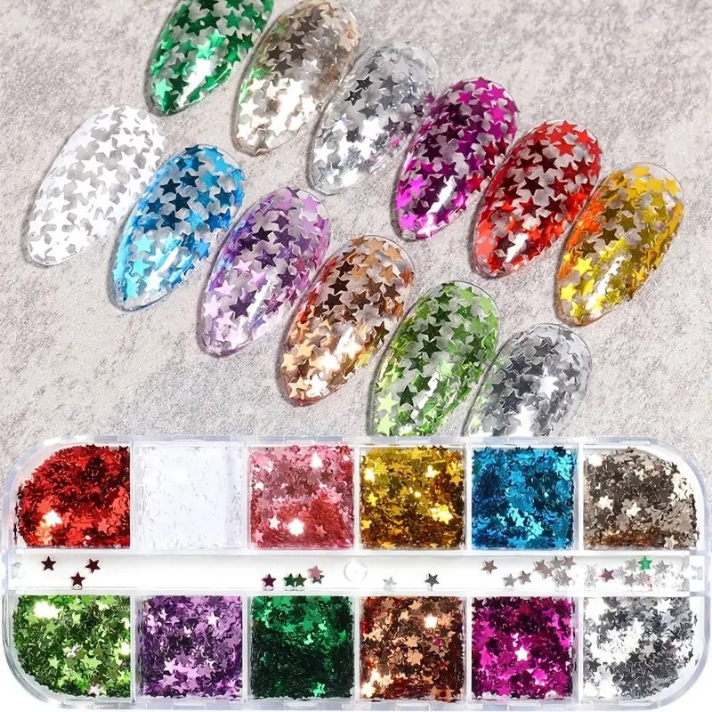 Nail Art Glitter Sequins, Holographic Nail Art Supplies Flakes, 12 Grids  Laser Silver Nail Decals Sparkle Paillette Confetti for Acrylic Nails