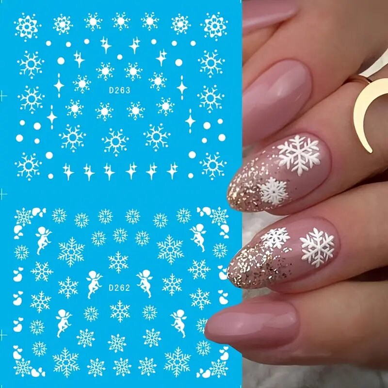 Christmas Nail Art Stickers Decals White Snowflakes Glitter Gel