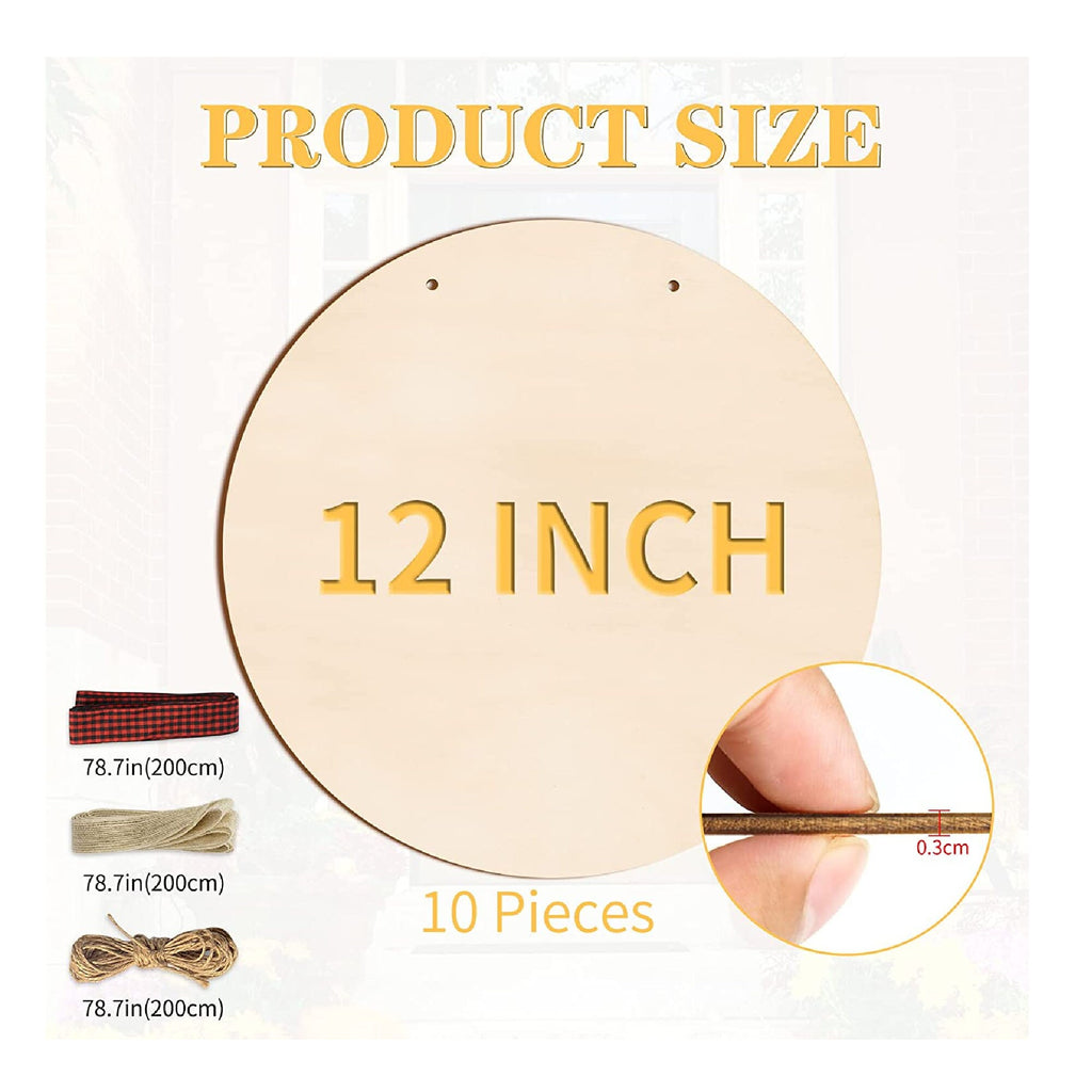12 Inch Wooden Circles For Crafts, 10 Unfinished Wood Pieces