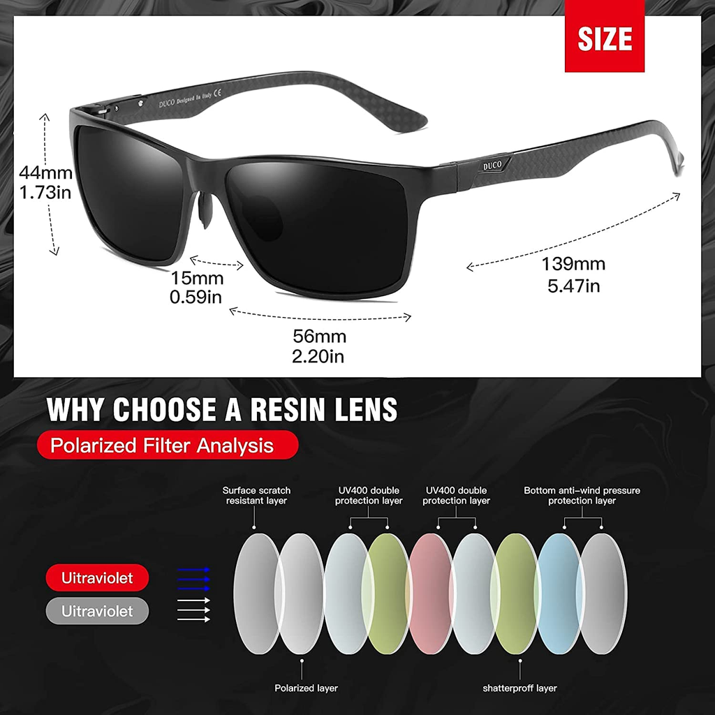 Duco Men's Luxury Carbon Fiber Temple Polarized Sunglasses