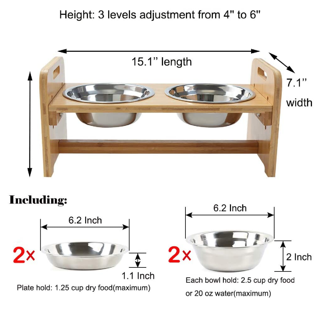 FOREYY Raised Pet Bowls for Cats and Small Dogs, Bamboo Elevated Dog Cat  Food and Water Bowls Stand Feeder with 2 Stainless Steel Bowls and Anti  Slip Feet 4'' Tall-20 oz bowl