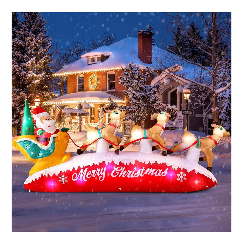 10FT Long Christmas Inflatables Santa Claus with Reindeer Sleigh Outdoor Decorations