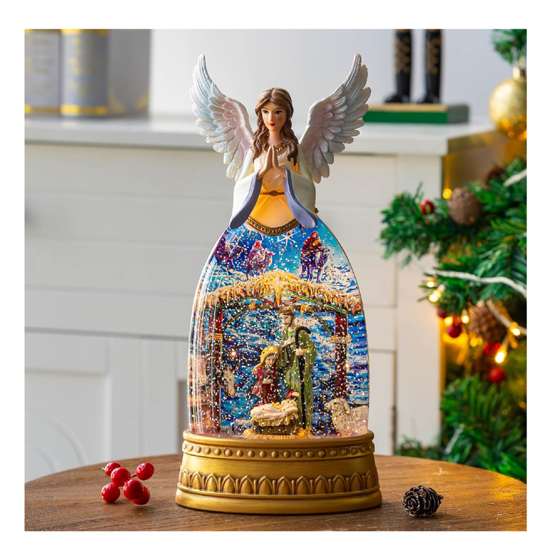 12.6 Inch Angel Figurine Lighted Christmas Snow Globe Nativity Musical Lantern Lighted Water with Swirling Glitter