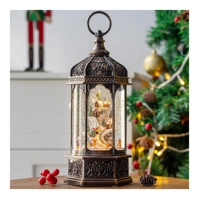 12.75'' Rotating Scene Musical Christmas Snow Globe Light Lantern- Snow Mountain Town with Swirling Glitter Water Lantern Decoration for Home, Battery Operated or USB Powered