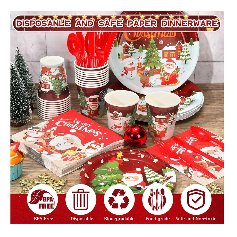 171Pcs Christmas Party Supplies Serves 24 Guests, Include Merry Christmas Banner, Tablecloth, Paper Plates and Napkins, Cups, Cutlery