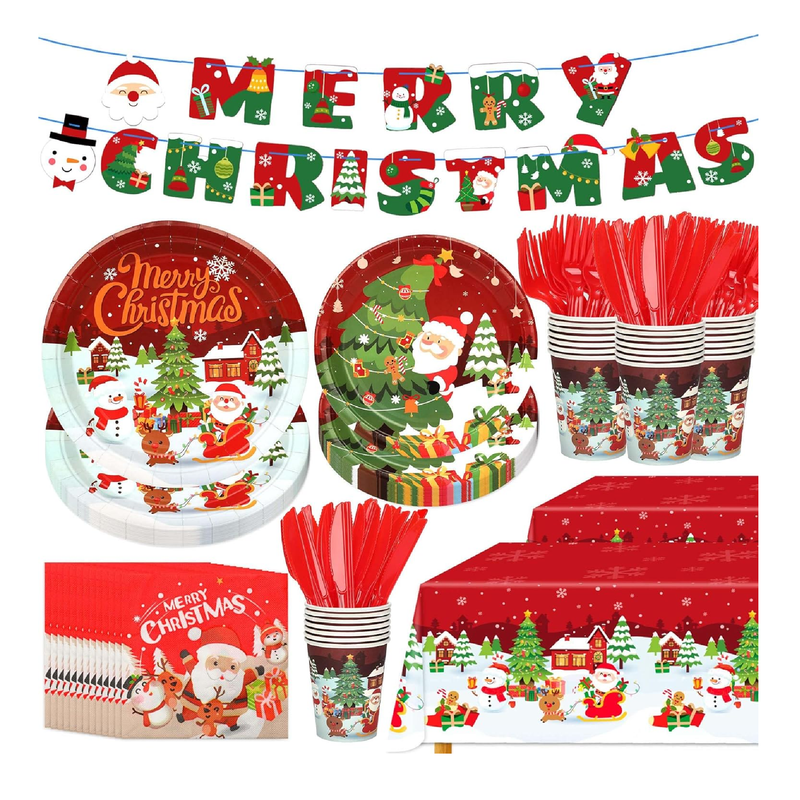 171Pcs Christmas Party Supplies Serves 24 Guests, Include Merry Christmas Banner, Tablecloth, Paper Plates and Napkins, Cups, Cutlery