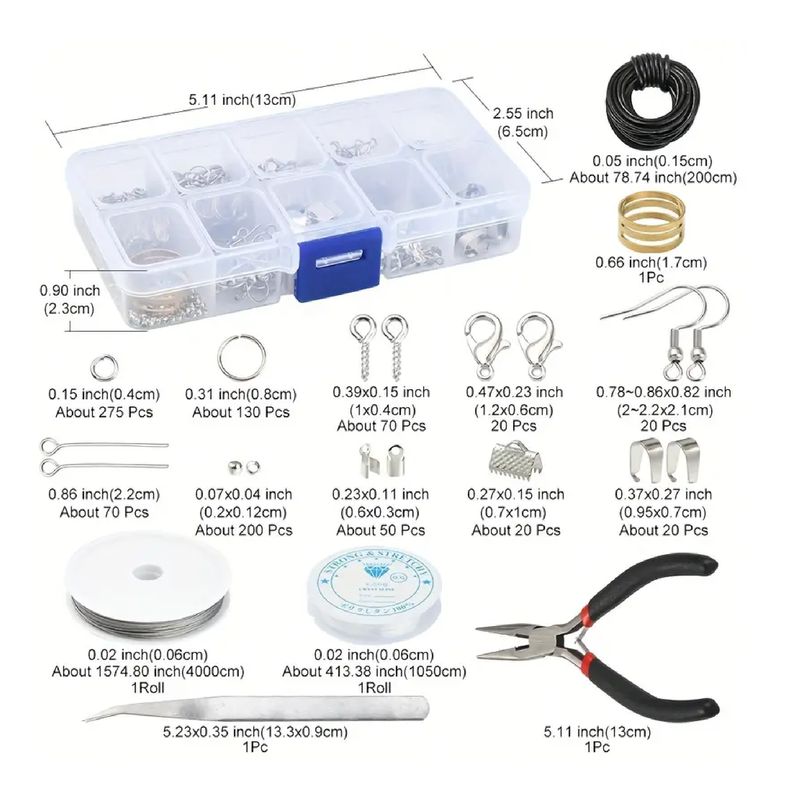 1 Box Platinum/Golden DIY Earring Bracelet Necklace Making Kit, Including Elastic Thread, Cowhide Leather Cord, Alloy Clasps, Stainless Steel Eye Hooks, Brass Rings, Tweezers, Pliers