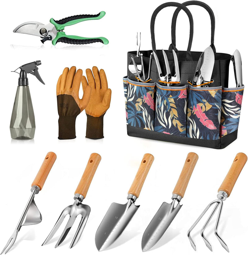 Gardening Tools 9-Piece Heavy Duty Gardening Hand Tools with Fashion and Durable Garden Tools Organizer Handbag,Rust-Proof Garden Tool Set, Ideal Gardening Gifts for Women  | Color Black