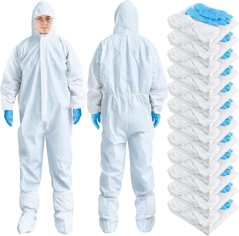 5 Set Hazmat Suit Disposable Protective Coverall Suit with Shoe Cover Nitrile Gloves Breathable Water Proof Paint Coveralls (L)