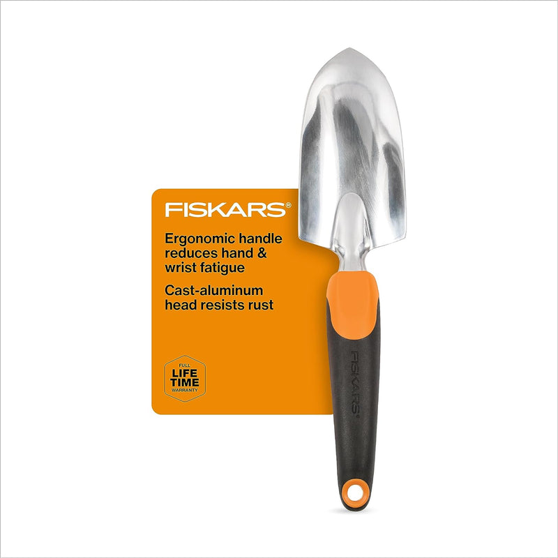 Fiskars Ergo Trowel - Heavy Duty Gardening Hand Tool with Hang Hole - Lawn and Yard Tools - Black/Orange