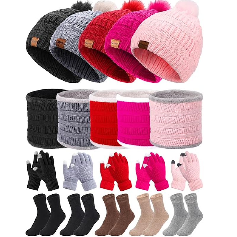 20pcs Winter Hat Scarf Gloves Sock Set Knit Beanie Hat Touchscreen Gloves