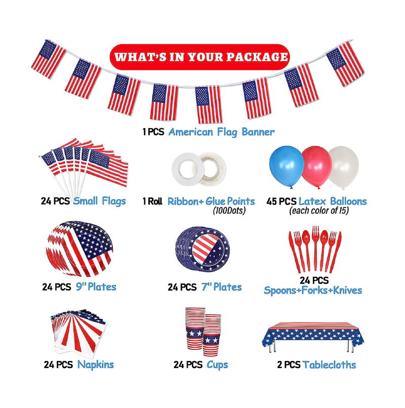 242Pcs 4th of July Party Supplies Includes Tablecloth Plates Napkins Cups Flatware and Small American Flag