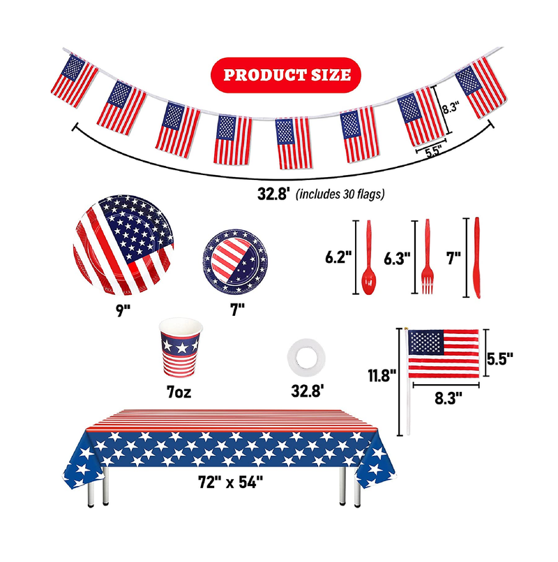 242Pcs 4th of July Party Supplies Includes Tablecloth Plates Napkins Cups Flatware and Small American Flag