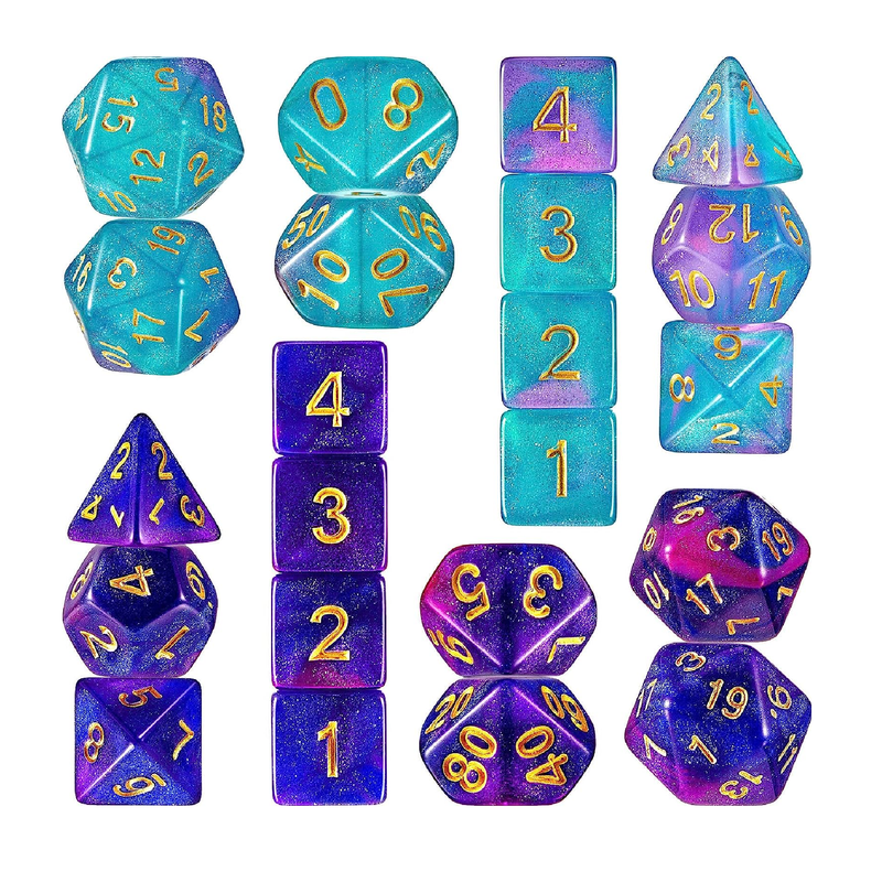 2 Set 11 Dice Polyhedral Dice Set Multisided Dice Set Smooth Touch with Drawstring Bag Compatible with DND RPG MTG Table Game Dice 22 Pieces Purple Blue Purple Green