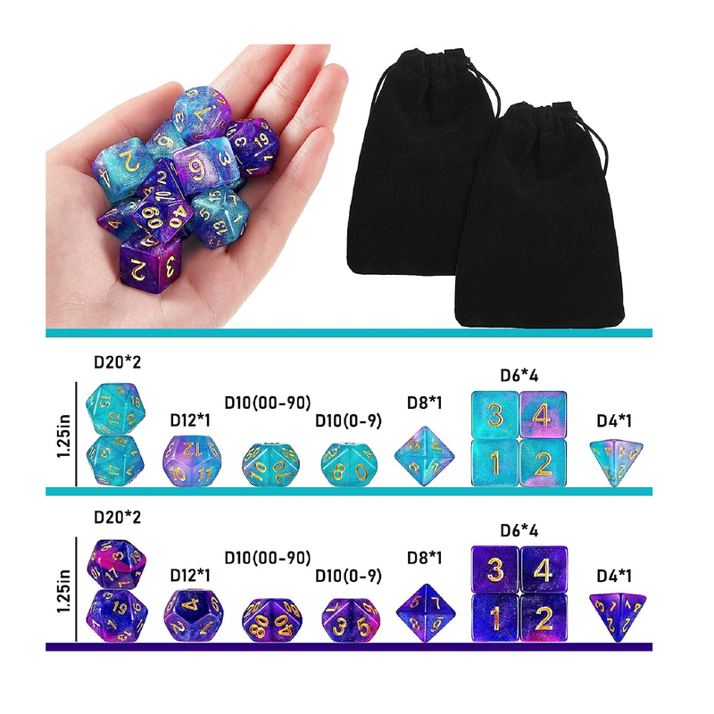 2 Set 11 Dice Polyhedral Dice Set Multisided Dice Set Smooth Touch with Drawstring Bag Compatible with DND RPG MTG Table Game Dice 22 Pieces Purple Blue Purple Green