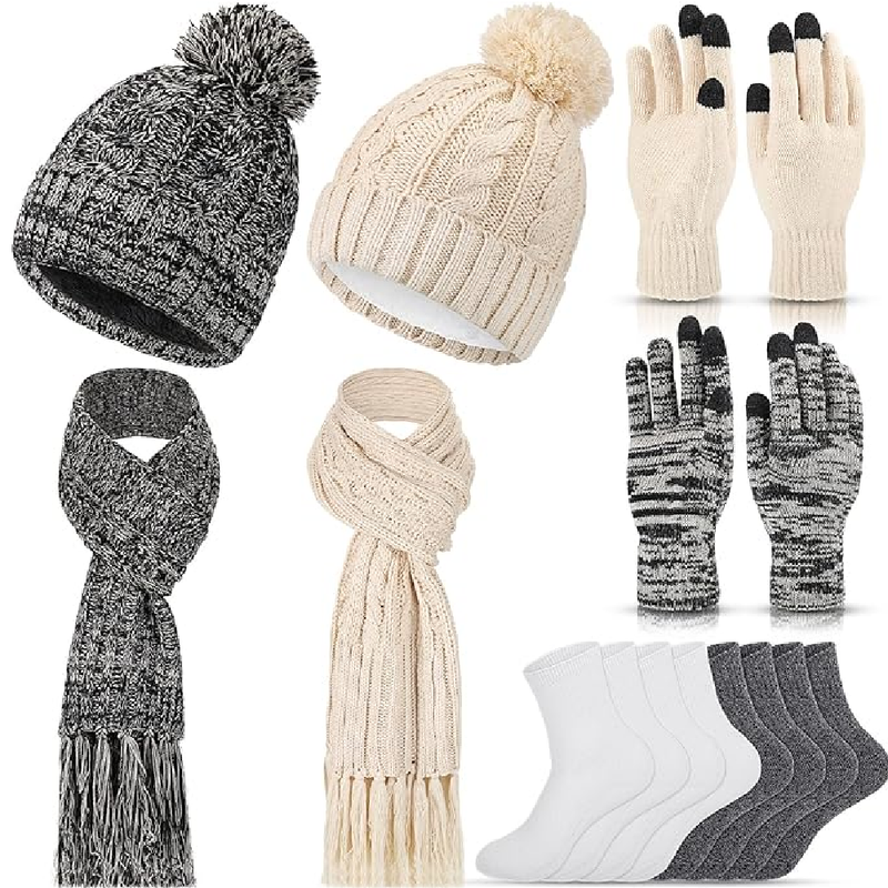 2 Sets Winter Warm Beanie Hat Scarf Women Men and Touchscreen Gloves Socks Set 3 in 1