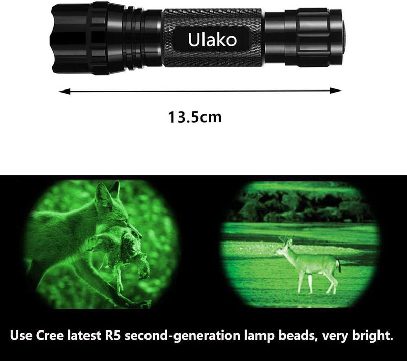 Ulako Green Light 350 Yards Adjustable Zoomable LED Coyote Hog Pig Varmint Hunting Light Flashlight with Remote Pressure Switch