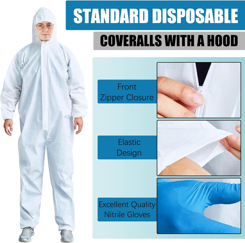 5 Set Hazmat Suit Disposable Protective Coverall Suit with Shoe Cover Nitrile Gloves Breathable Water Proof Paint Coveralls (L)