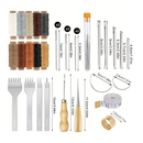 35pcs Leather Stitching Pouch Kit With 4mm Prong Sewing Hole Punch, Leather Sewing Tools, Waxed Thread And Large-Eye Stitching Needles For Beginner Leather Sewing Working Crafting Projects