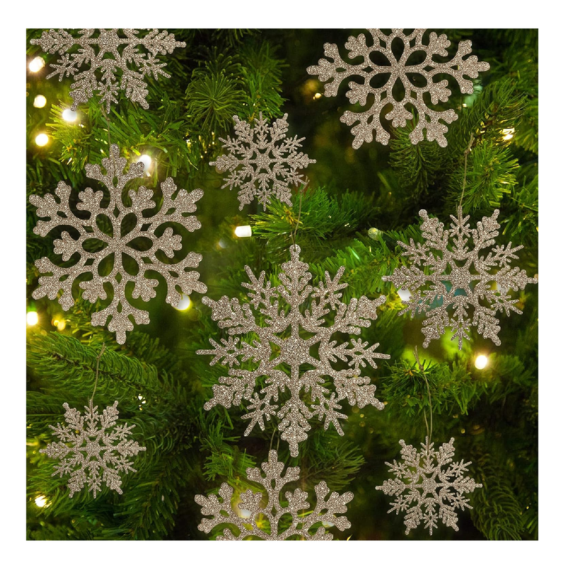 36pcs Christmas Champagne Gold Snowflake Ornaments Plastic Glitter Snow Flakes Ornaments for Winter Christmas Tree Decorations Size Varies Craft Snowflakes