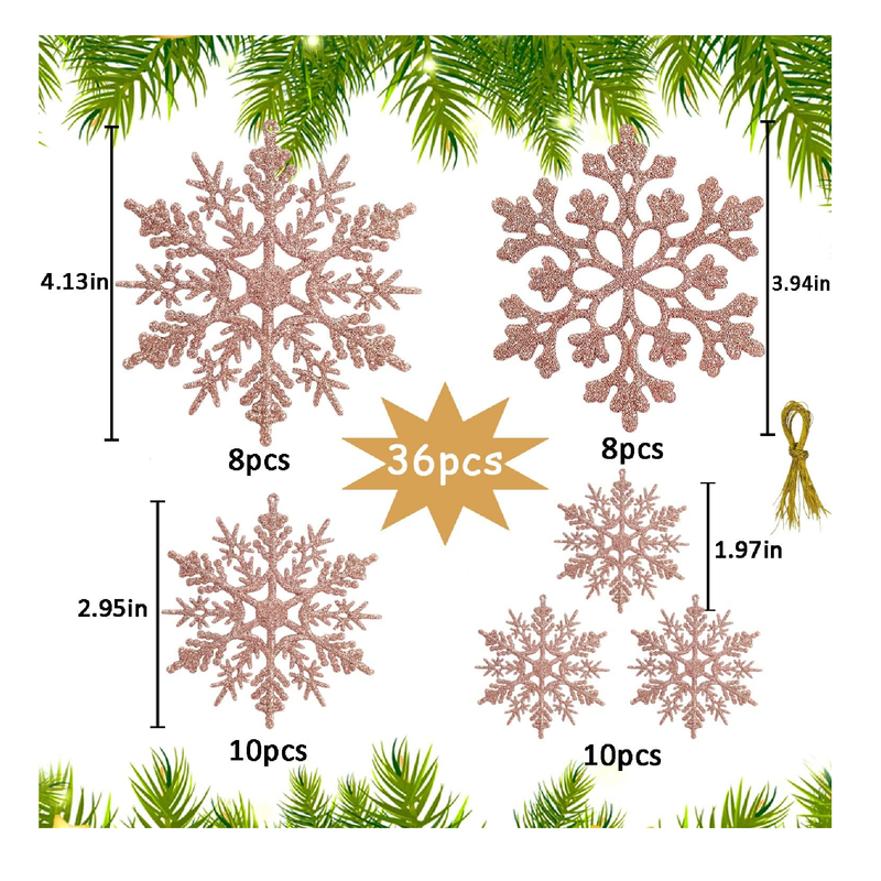 36pcs Christmas Rose Gold Snowflake Ornaments Plastic Glitter Snow Flakes Ornaments for Winter Christmas Tree Decorations Size Varies Craft Snowflakes