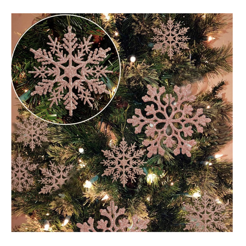 36pcs Christmas Rose Gold Snowflake Ornaments Plastic Glitter Snow Flakes Ornaments for Winter Christmas Tree Decorations Size Varies Craft Snowflakes