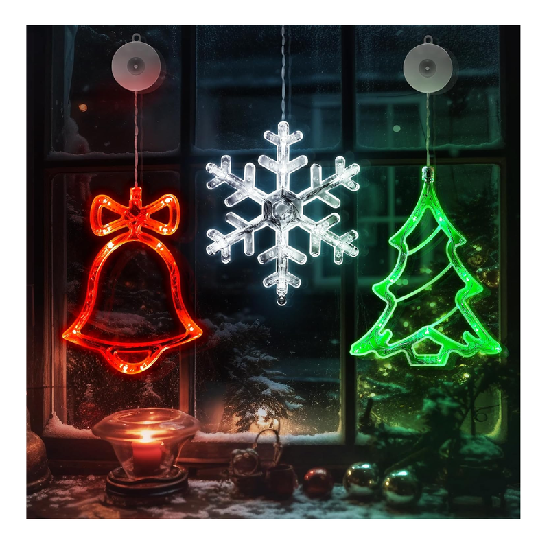 3Pcs Christmas Window Lights Decorations, Battery Powered Christmas Window Hanging GreenTree Gold Bell and White Snow Shaped LED Sucker Lamp for Xmas Tree Fireplace Window Indoor Outdoor Decor